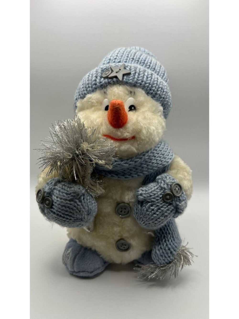 Plush Snowman Decoration With Knit Hat & Scarf Button Details And Silver Accents